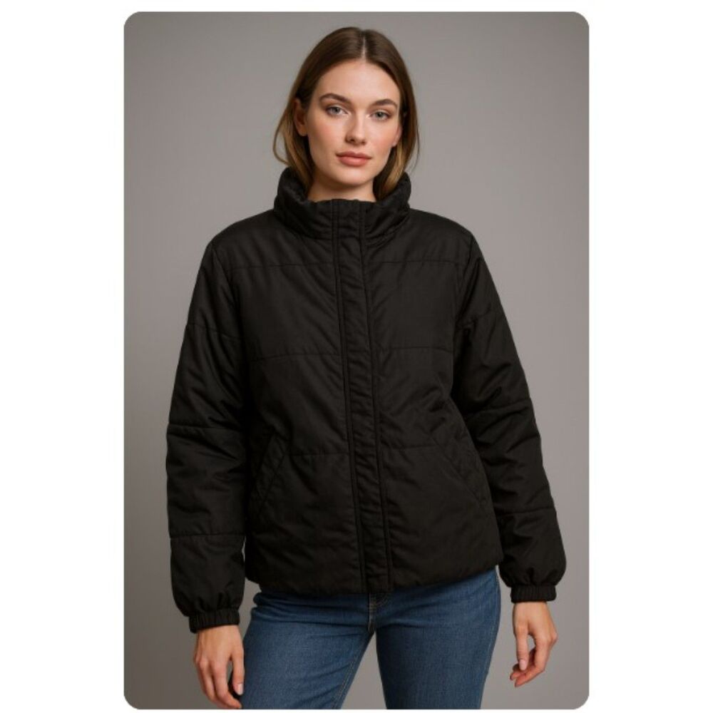 Guess Jeans Puffer Jacket Black Lined Winter Coat Full Zip & Snap Womens XL